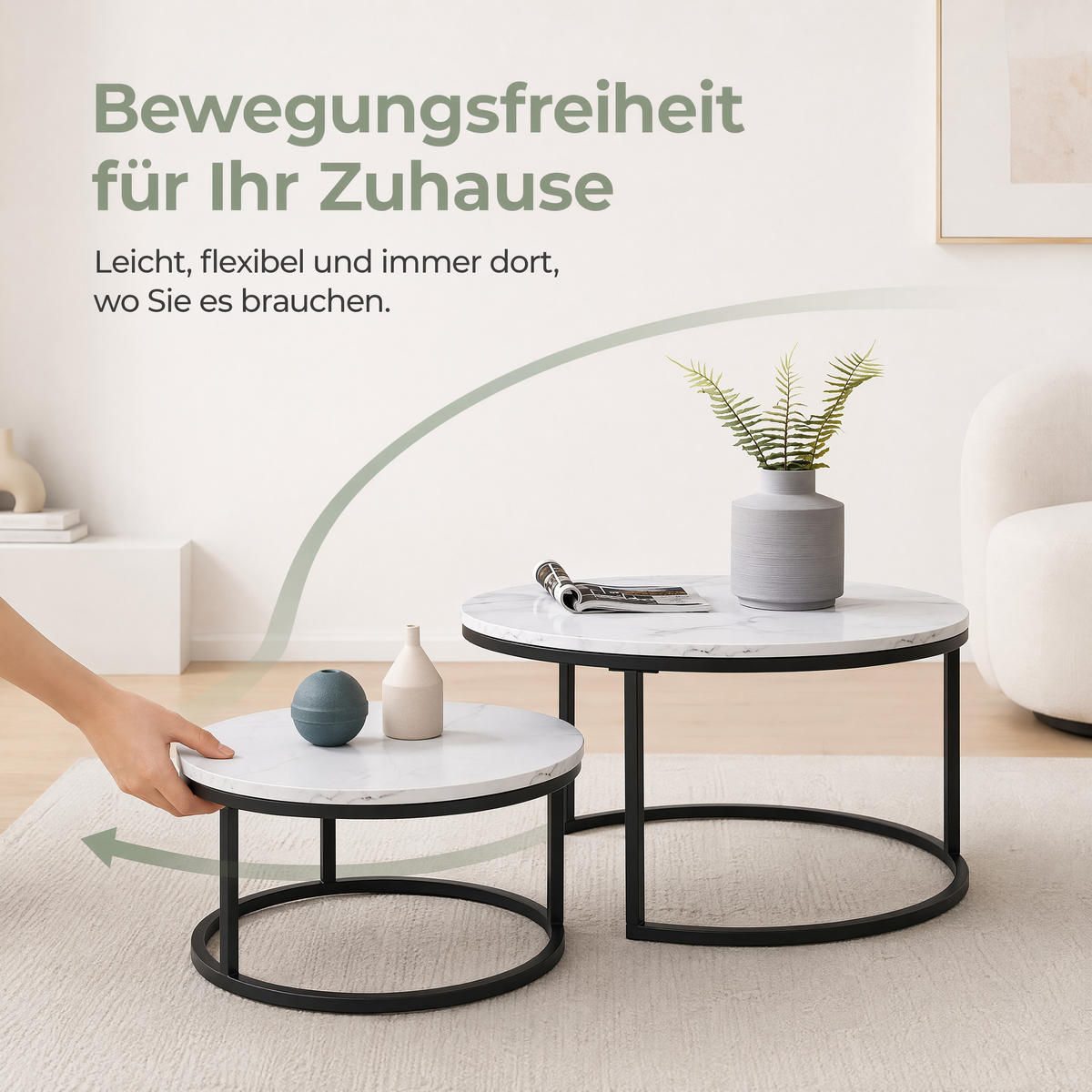 COUCHTISCH 2-TEILIG Rund Weiß Schwarz Metall Tischset Wohnzimmer - Multicolor, Holz (80/60/45cm) - SHOPENTRA