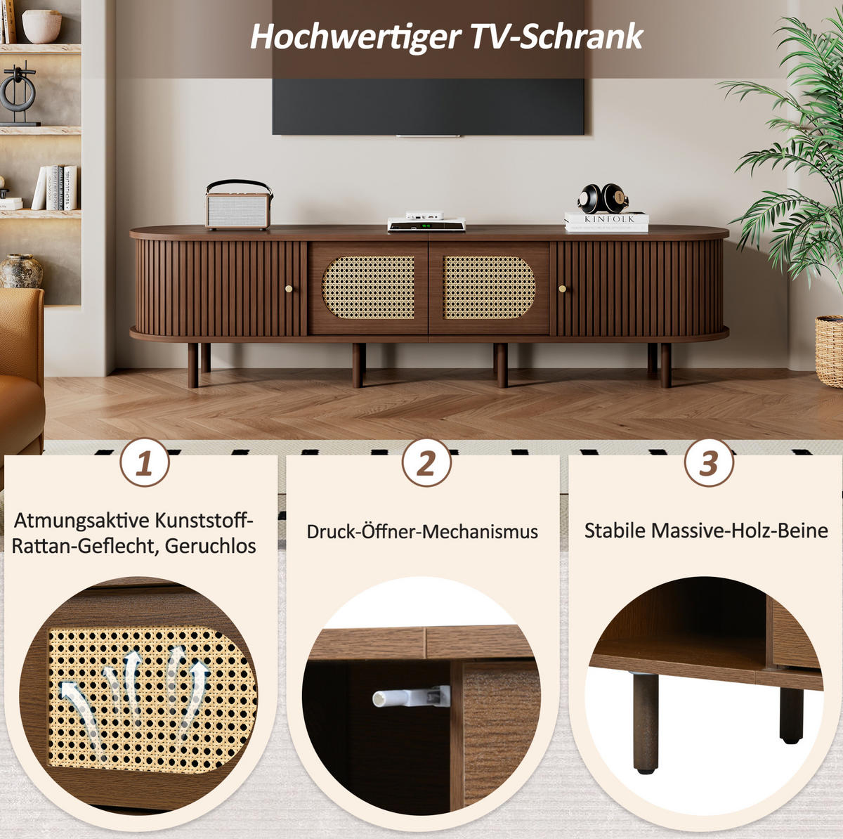 LOWBOARD 180/40/40 cm aus MDF mit Rattan-Fronten und Rollladentüren Walnussfarben - Braun, Holzwerkstoff (180/40/40cm) - Modenvie