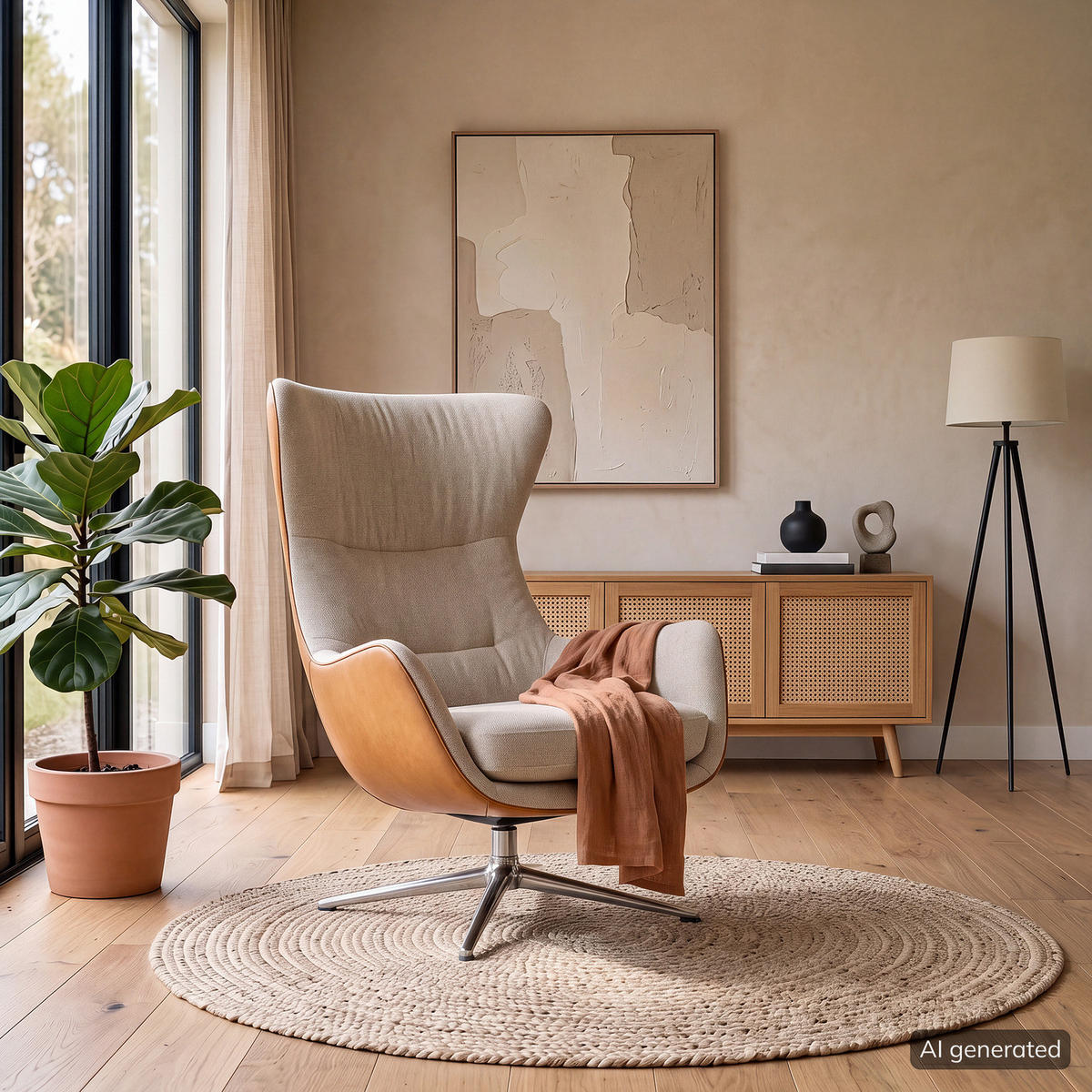SESSEL mit Kreuzfuß - Chromfarben/Cognac, Leder/Textil (84/99/96cm) - home24