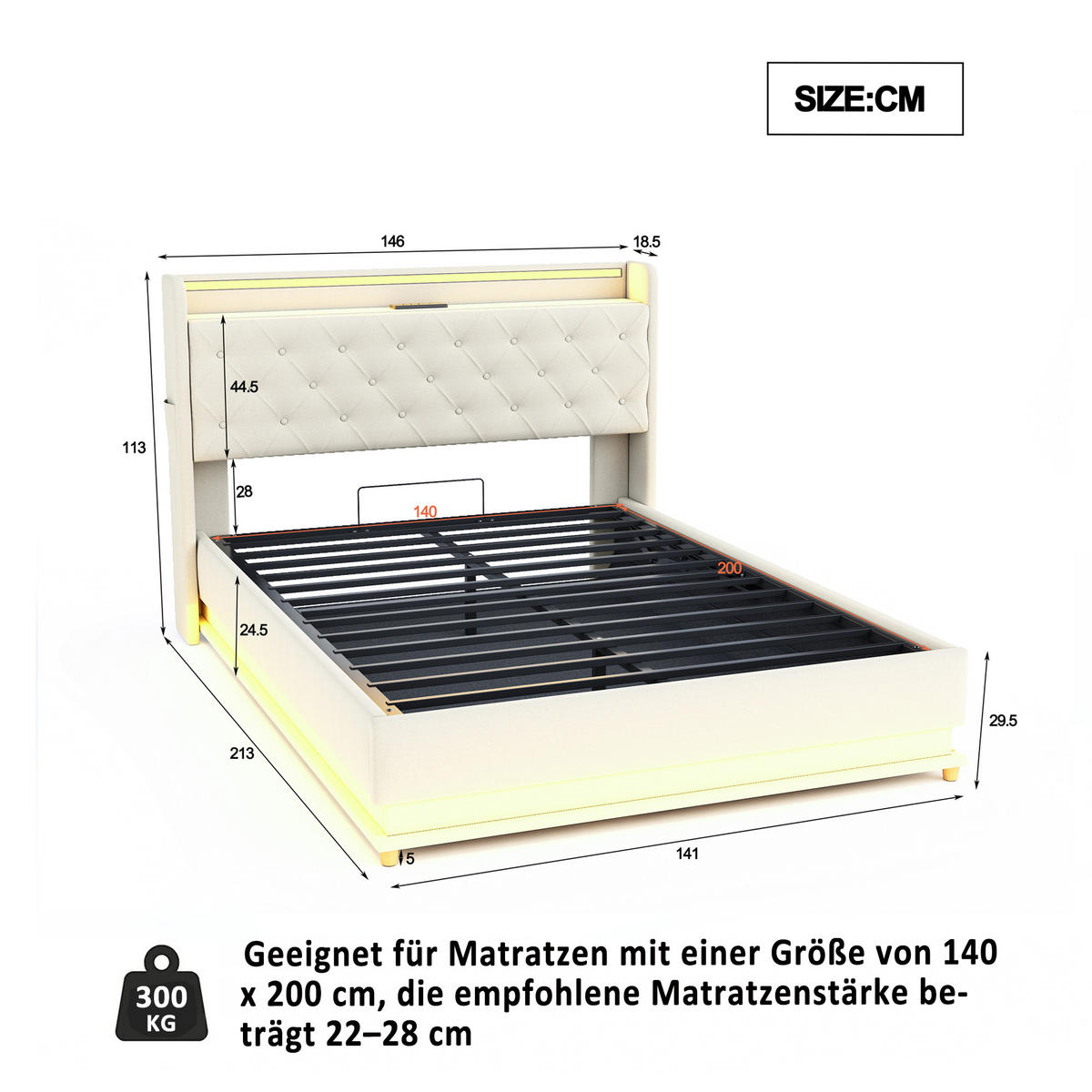 POLSTERBETT 140/200 cm in Beige Leinen mit Bettkasten, LED und USB - Beige, Holzwerkstoff/Textil (140/200cm) - WISHDOR
