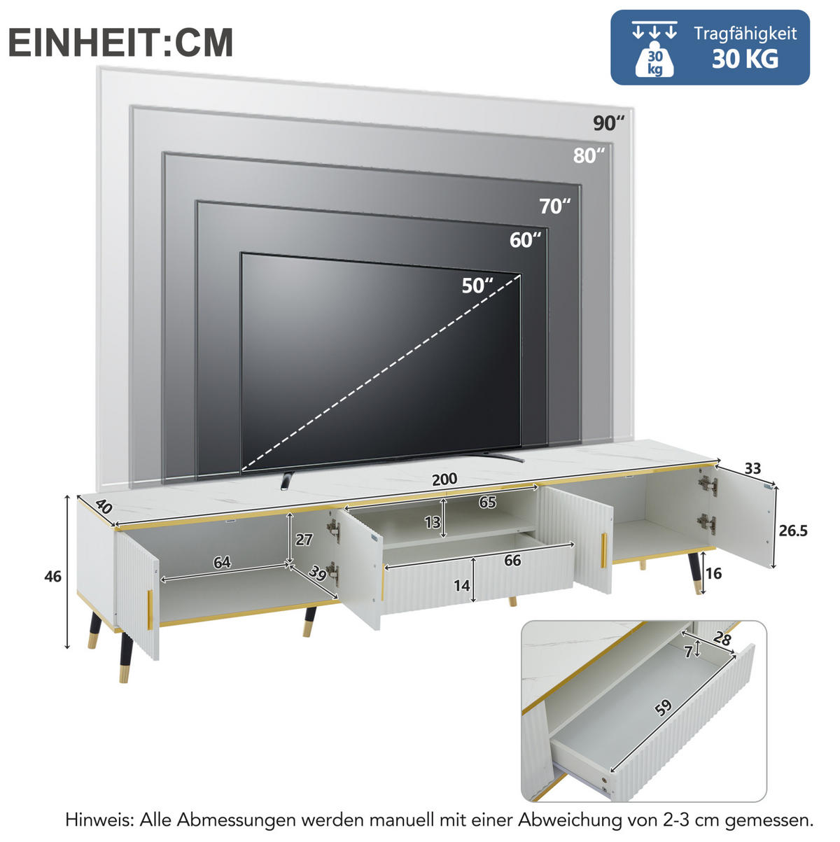 TV-SCHRANK in Weiß mit Marmoroptik, 2 Türen und Schublade 200/40/46 cm - Weiß, Holzwerkstoff (200/46/40cm) - Redom
