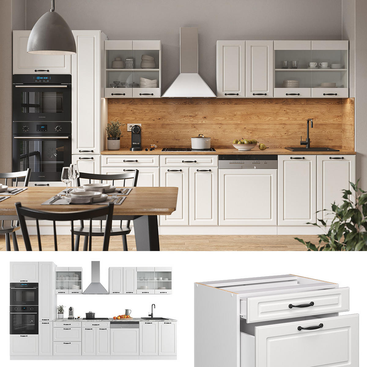 KÜCHENZEILE R-Line Weiß Landhaus/Weiß 350 cm mit Hochschrank, ohne AP - Creme/Weiß, Holzwerkstoff (350/81.6/46cm) - Vicco