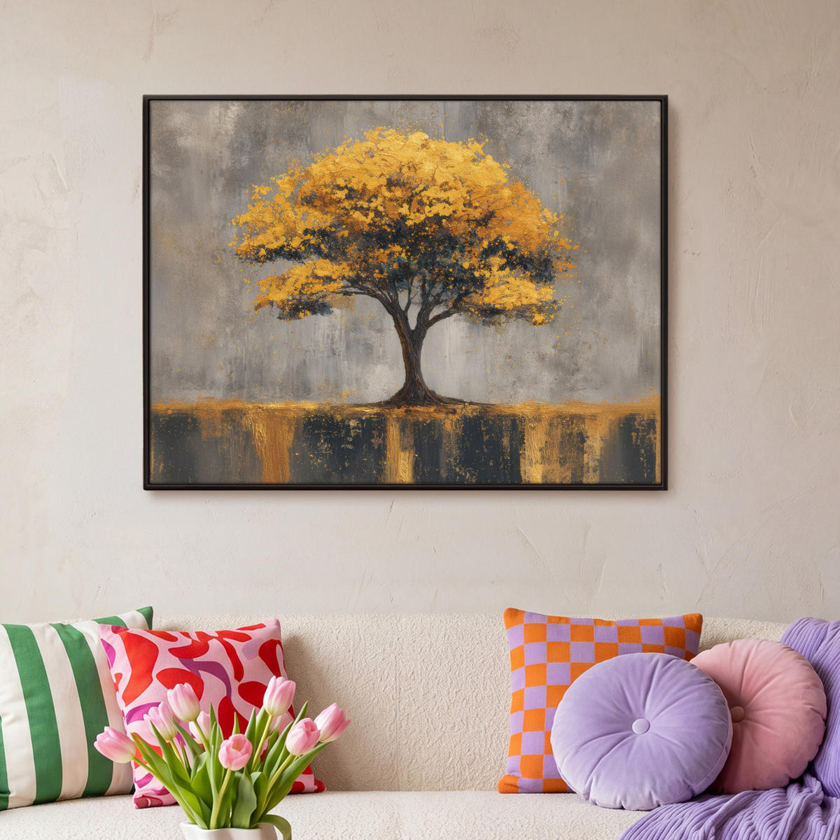 LEINWAND Bilder mit Rahmen - Baum - Blätter - Gold - Abstrakt - 100x70 - Grau, Textil (100/70cm) - MuchoWow