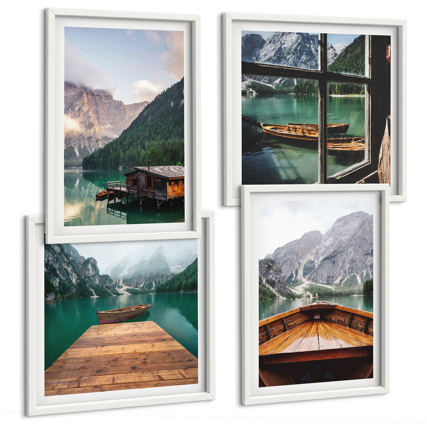 BILDER SET 4er Set - 50x50 cm & 40x60 cm Weißer Rahmen - Berglandschaften, Ferienhäuser, Boote - Weiß, Kunststoff (50/50cm) - TULUP