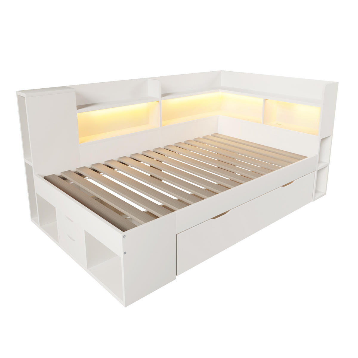 POLSTERBETT 90x200 cm in Weiß mit LED-Beleuchtung & Matratze - Weiß, Holzwerkstoff (90/200cm) - Modfu