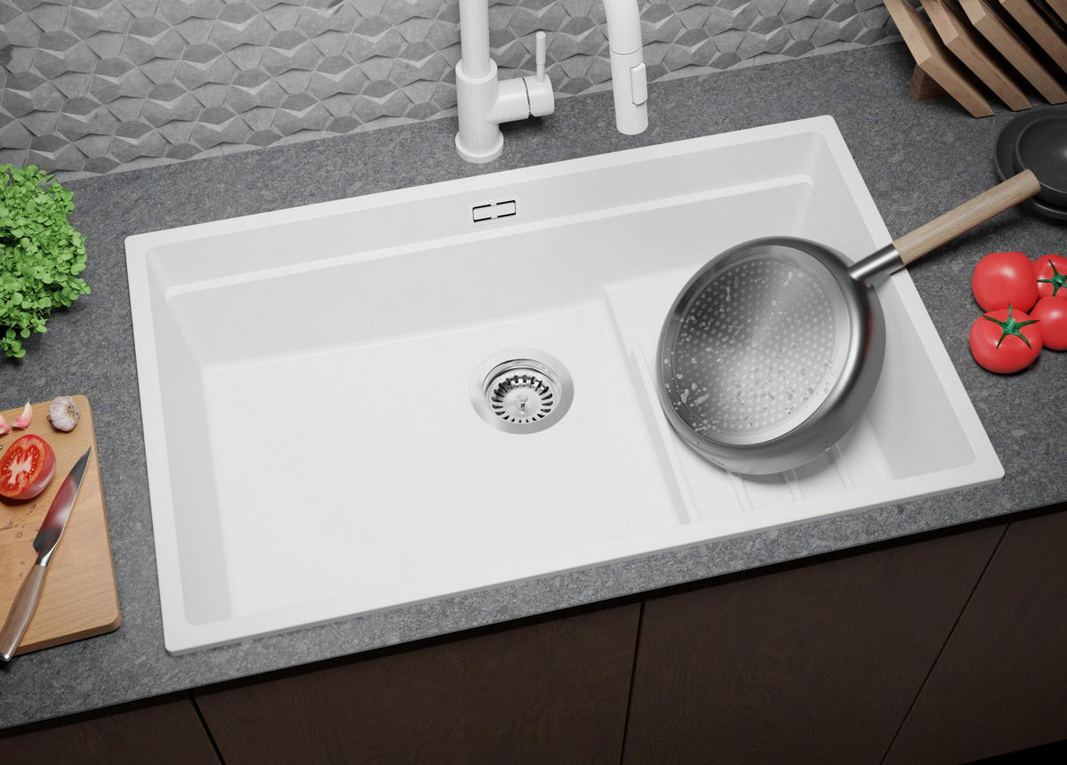 SPÜLBECKEN Praga Slim, 2-er set Weiß 76/47 cm 1 Becken + Ablauf-Set + Aufrollbare Abtropffläche ab 80er Unterschrank - Chromfarben/Weiß, Kunststoff (76/20/47cm) - Primagran
