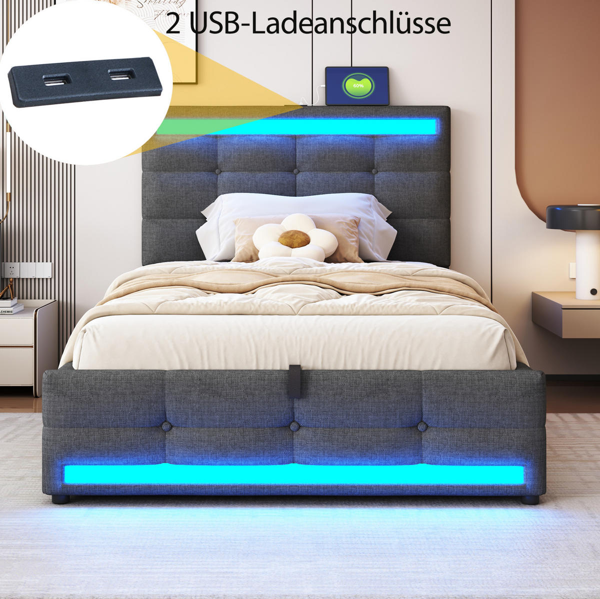 ČALÚNENÁ posteľ 90/200 cm s RGB LED osvetlením, USB portami a nastaviteľným čelom, Sivá - sivá, textil (90/200cm) - Redom