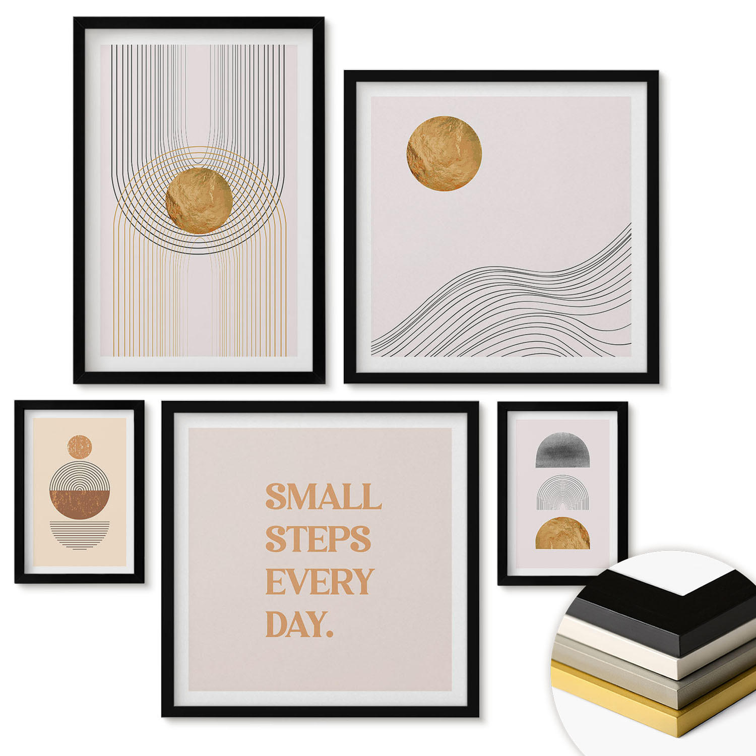 WANDBILDER 5er-Set - 50x50 cm & 20x30 cm & 40x60 cm Schwarzer Rahmen - Herbstfarben Seerosenteich - Schwarz, Kunststoff (40/60cm) - ArtPrintCave