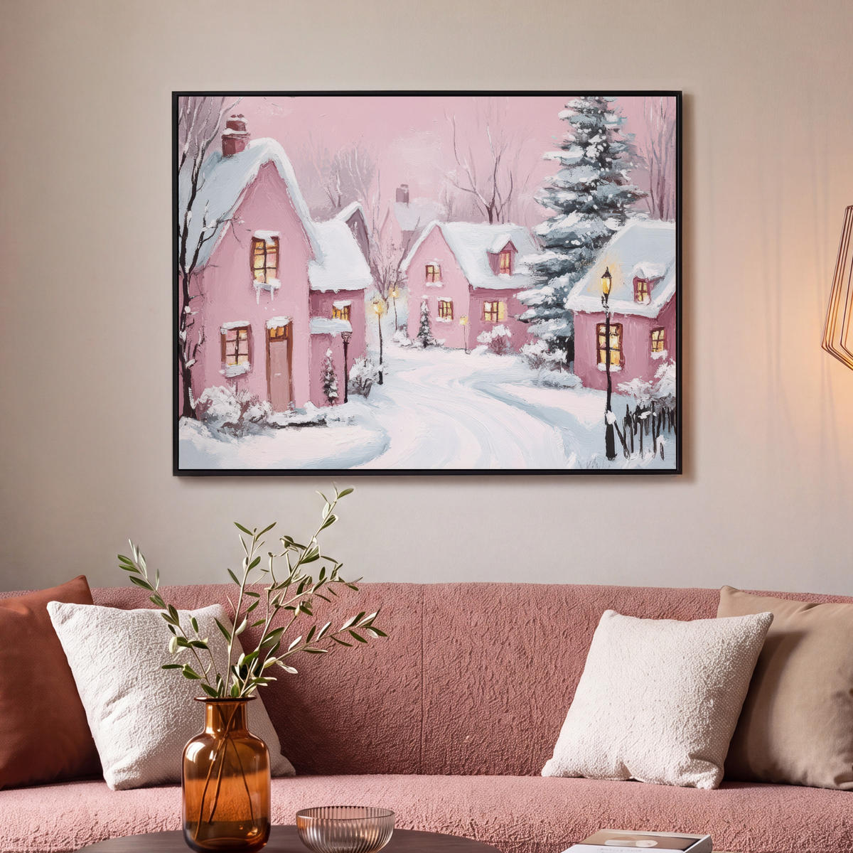 LEINWAND Bilder mit Rahmen - Weihnachtsdorf - Rosa - Winter - Schnee - Häuser - 100x70 - Altrosa, Textil (100/70cm) - MuchoWow