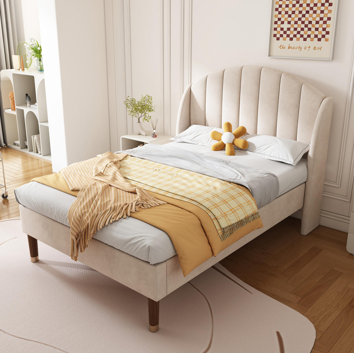 SAMT-POLSTERBETT 90/200 cm inkl. Lattenrost mit gepolstertem Kopfteil, Beige - Beige, Textil (90/200cm) - BEAOK