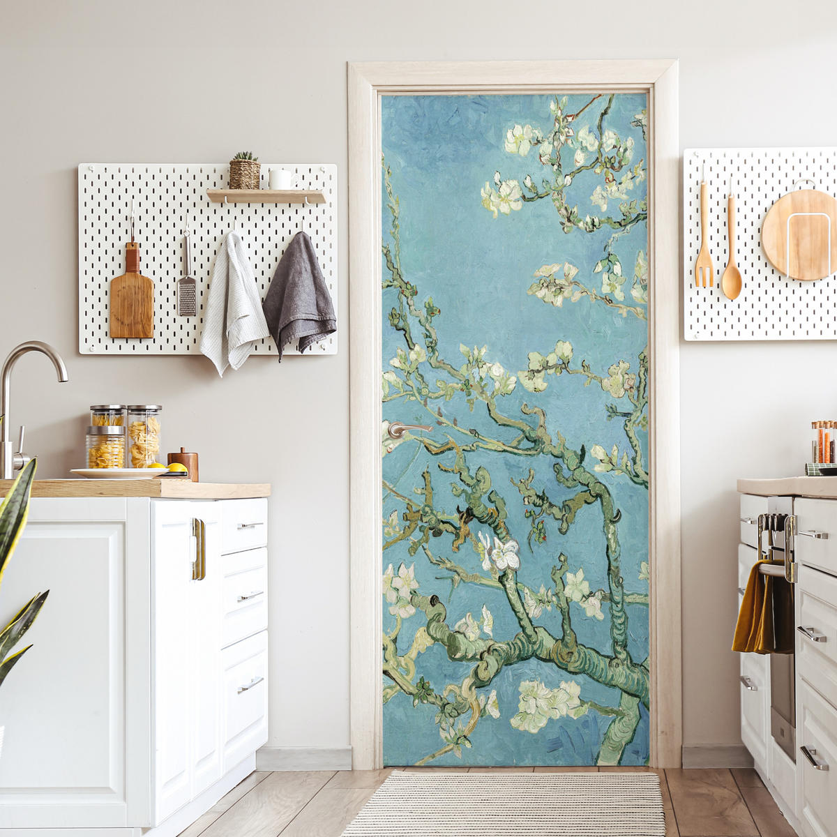 TÜRAUFKLEBER Mandelblüte - Van Gogh - Kunst 90x215 cm - Türtapete - Pastellblau, Kunststoff (90/0.1cm) - MuchoWow