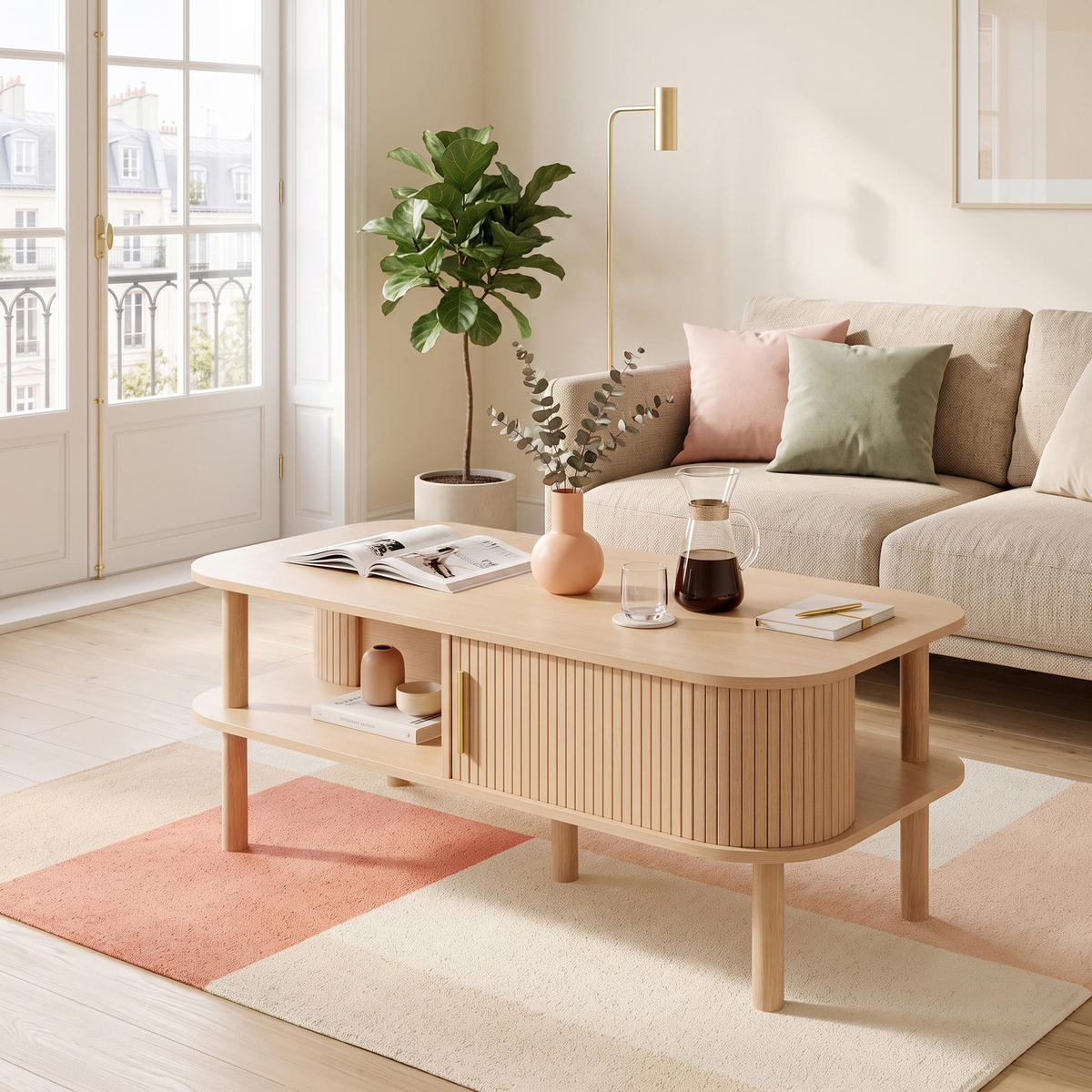 COUCHTISCH Holzoptik mit Rolltor & Ablage 110x55cm Skandi Design - Walnussfarben, Holzwerkstoff (110/55/45cm) - Urban Meuble