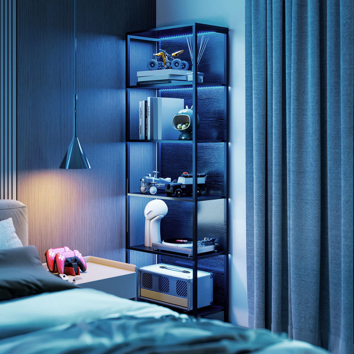 BÜCHERREGAL mit 5 Ebenen Standregal mit LED-Beleuchtung, 7 Lichtfarben, Schwarz - Schwarz, Holzwerkstoff/Metall (30/179/60cm) - HOMCOM