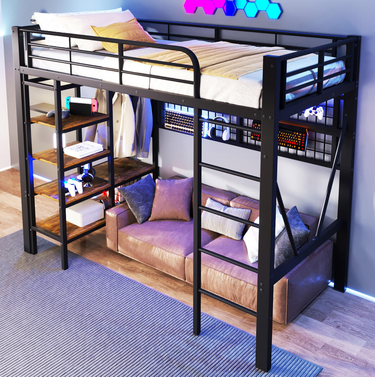 HOCHBETT 90/200 cm Schwarz aus Metall mit LED-Lichtleiste - Schwarz, Metall (90/200cm) - OKMYHOME