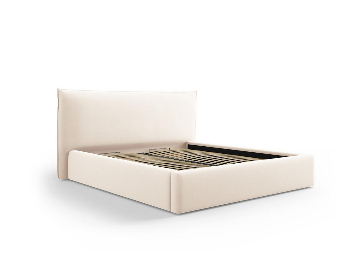 BETT mit Bettkasten und Kopfteil Kaelle aus Samt leichtes beige 180x200cm - Creme, Textil (180/200cm) - Micadoni