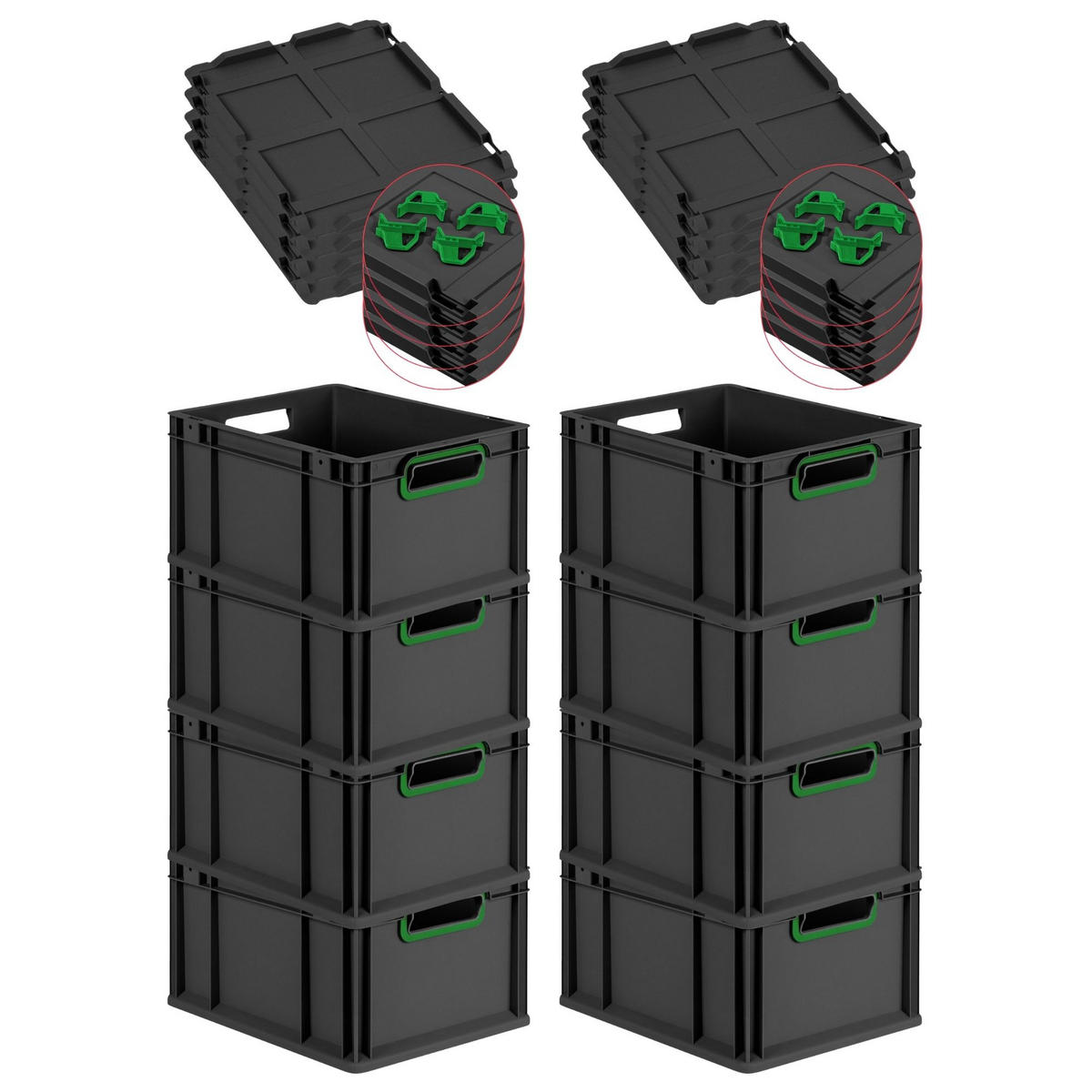EUROBOX 8x NextGen Color mit Auflagedeckel 22x30x40 cm 20 Liter Schwarz Griffe grün offen - Schwarz/Grün, Kunststoff (30/22/40cm) - PROREGAL