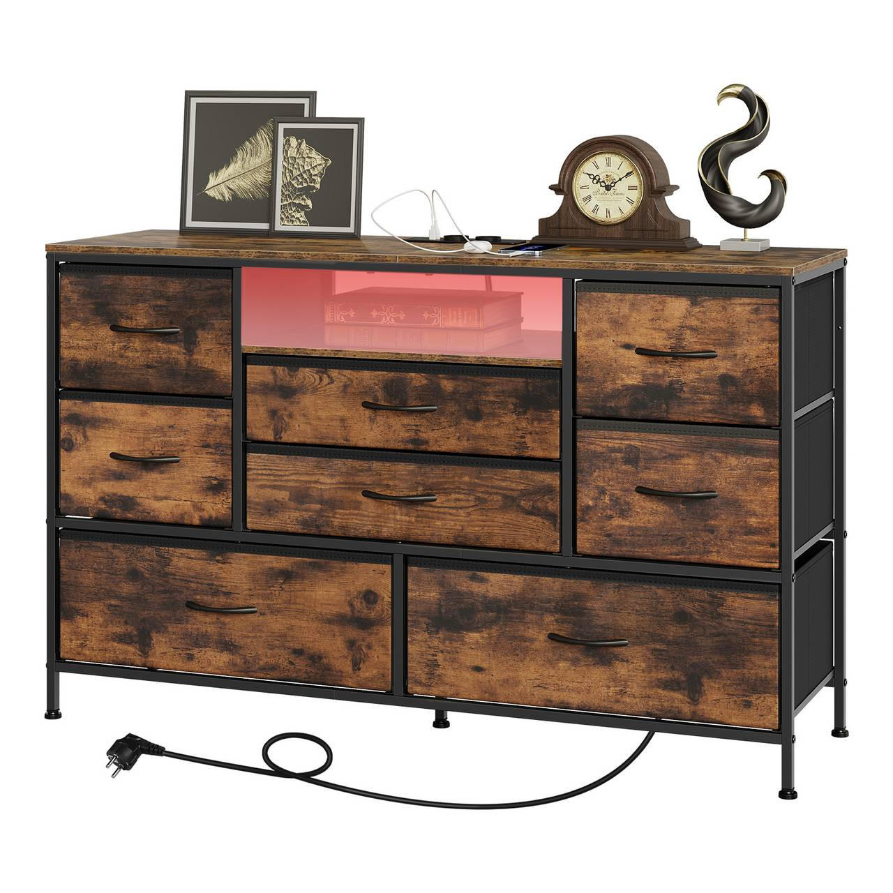 KOMMODE mit 8 Schubladen, mit Ladefunktion, Rustikales Braun - Dunkelbraun/Schwarz, Holzwerkstoff/Textil (120/75/36cm) - Woltu