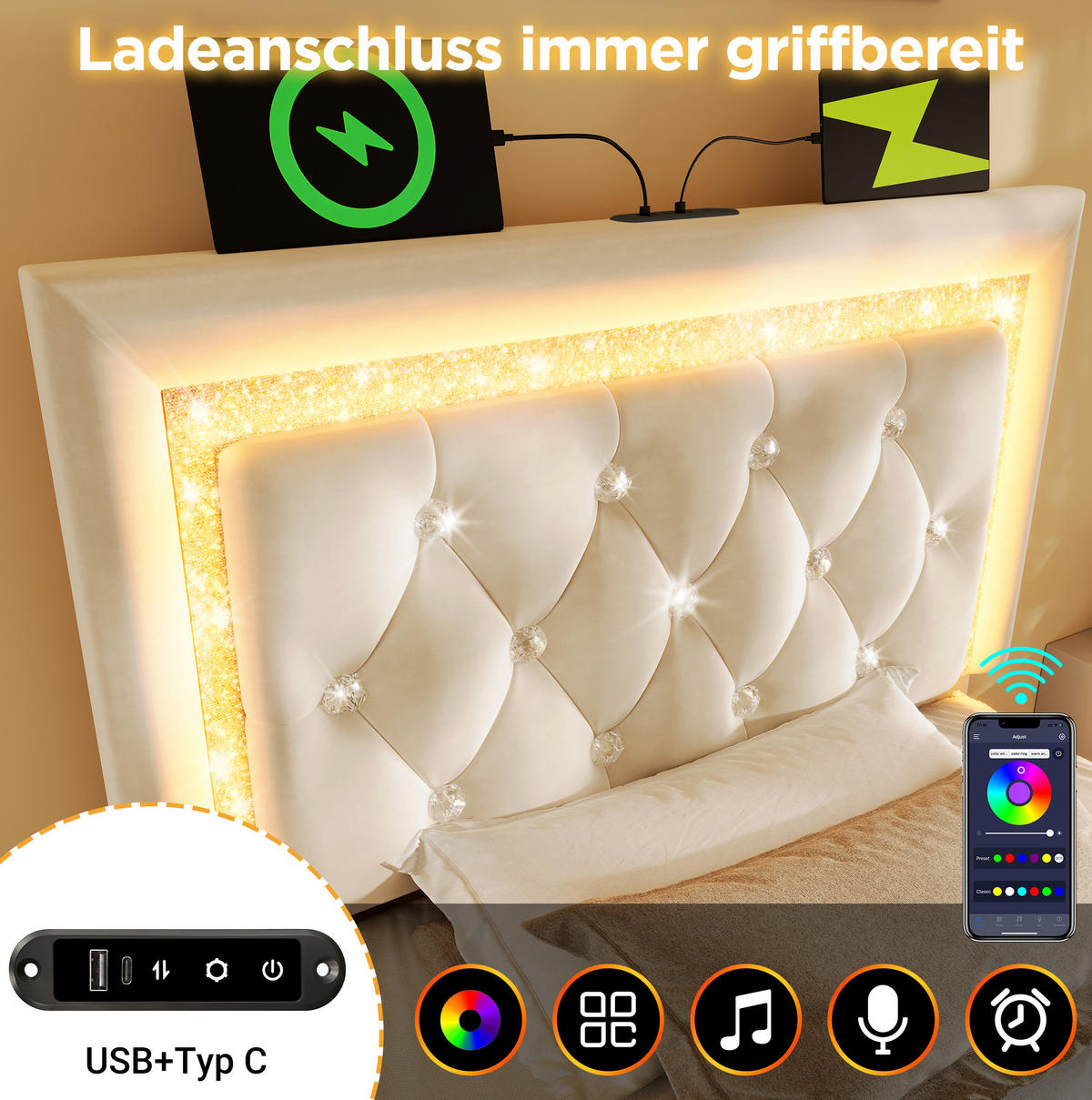 POLSTERBETT 90/200 cm Beige aus Samt mit Bettkasten, LED und USB- und Type-C-Anschlüssen - Beige, Textil (90/200cm) - Flora Grace