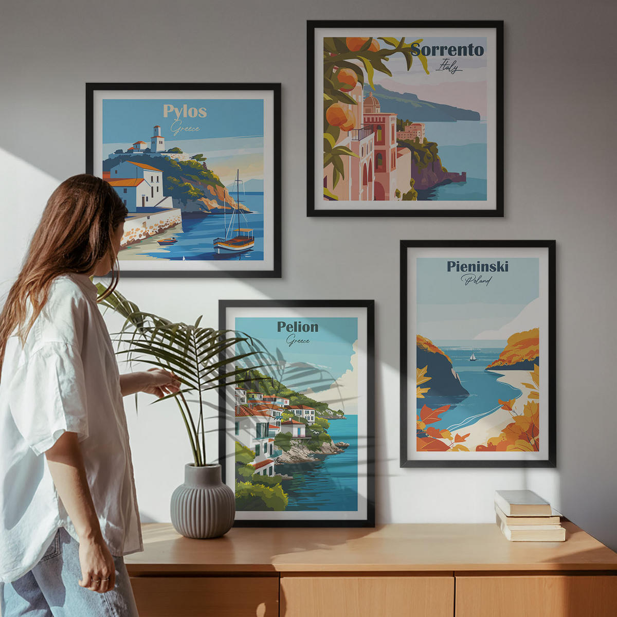 WANDBILDER 4er-Set - 50x50 cm & 40x60 cm Schwarzer Rahmen - Retro-Landschaften im malerischen Stil - Schwarz, Kunststoff (50/50cm) - ArtPrintCave
