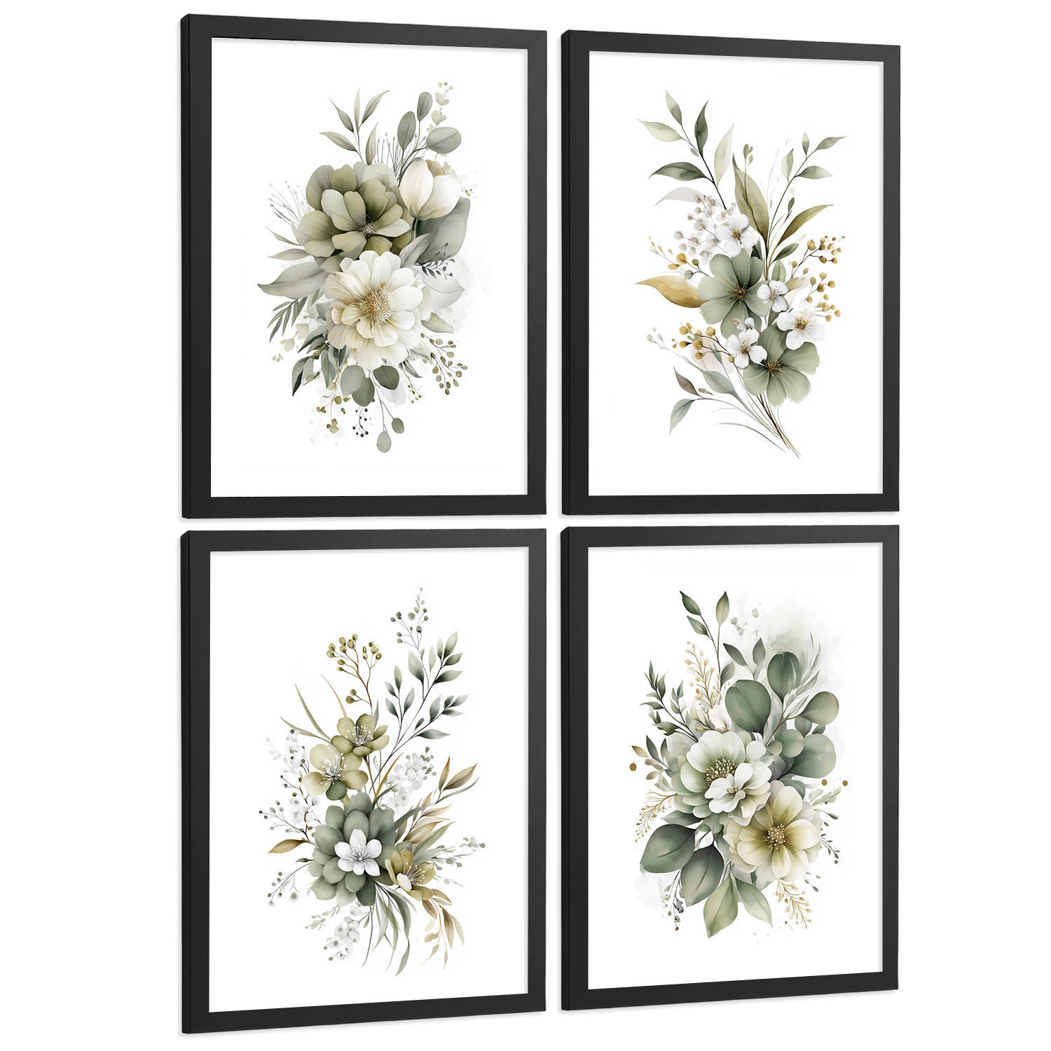 PLAKAT Sada 4 botanických uměleckých tisků. Akvarelové květinové nástěnné umění. Velikost Černý rám A3 - černá, papír (29.7/42/3cm) - Nacnic