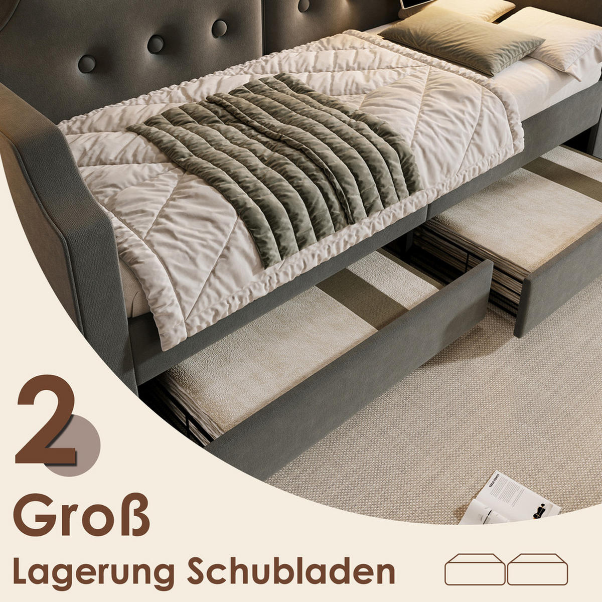 TAGESBETT 90x200cm Schlafsofa USB-C Leselicht 2 Schubladen Grau Samt - Grau, Holz - FLIEKS