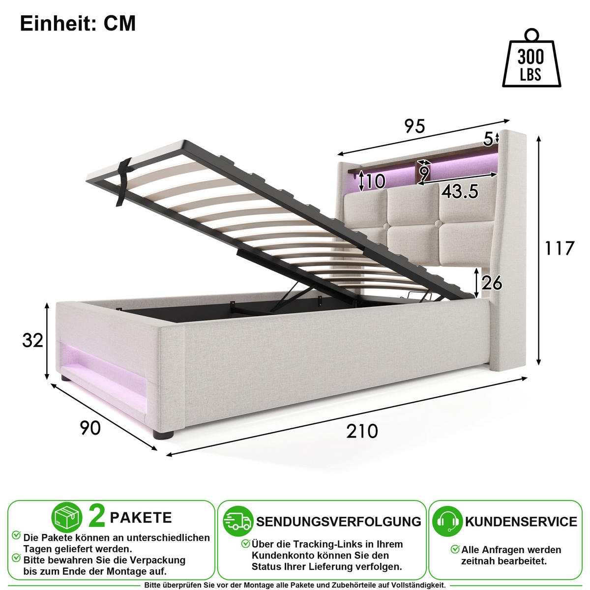 POLSTERBETT 90/200 cm in Beige Leinen mit Bettkasten, LED und USB - Beige, Holzwerkstoff/Textil (90/200cm) - CHICFURN