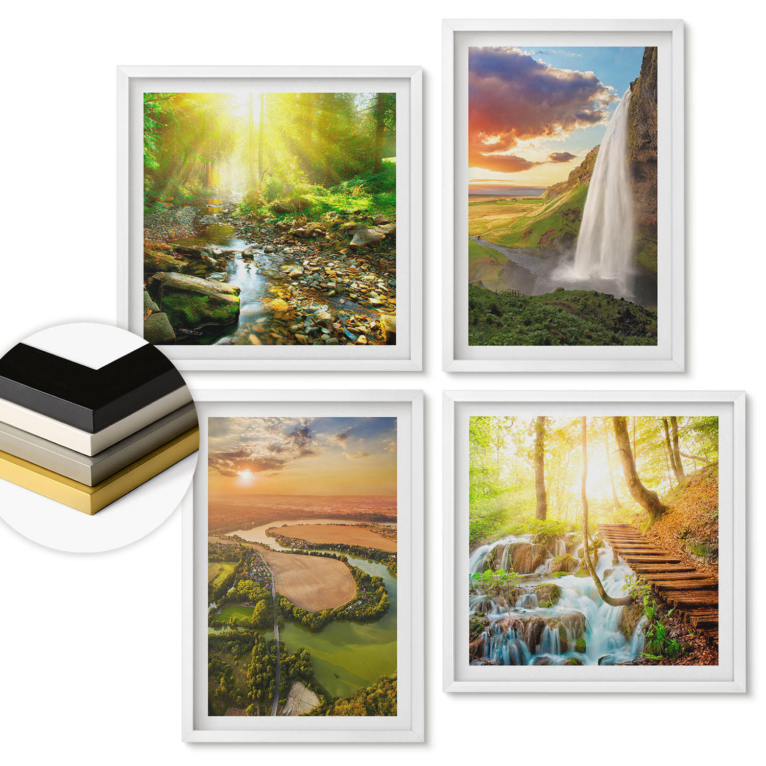 WANDBILDER 4er-Set - 50x50 cm & 40x60 cm Weißer Rahmen - Orange Mountain Wasserfall - Weiß, Kunststoff (50/50cm) - ArtPrintCave