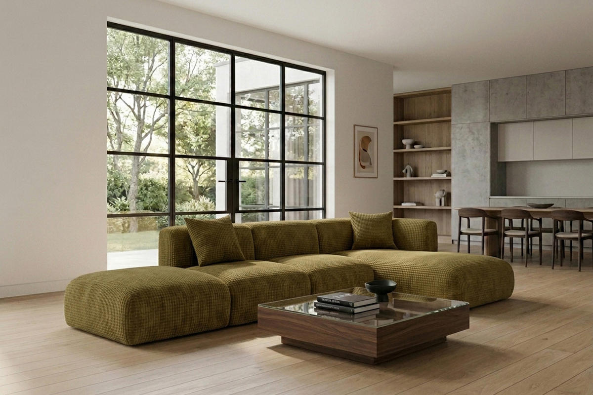 ECKSOFA L-Form mit Hocker, Chenille-Stoff Cremona, Olive, Rechts, GRETA - Olivgrün, Holz (386/179cm) - Kaiser Möbel