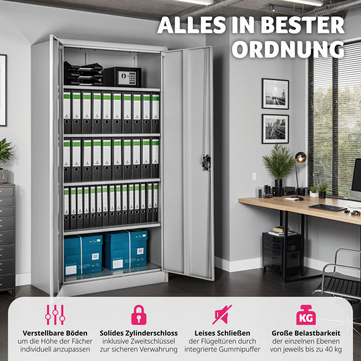 AKTENSCHRANK ,180 x 90 x 40 cm,grau - Grau, Metall (40/180/90cm) - tectake