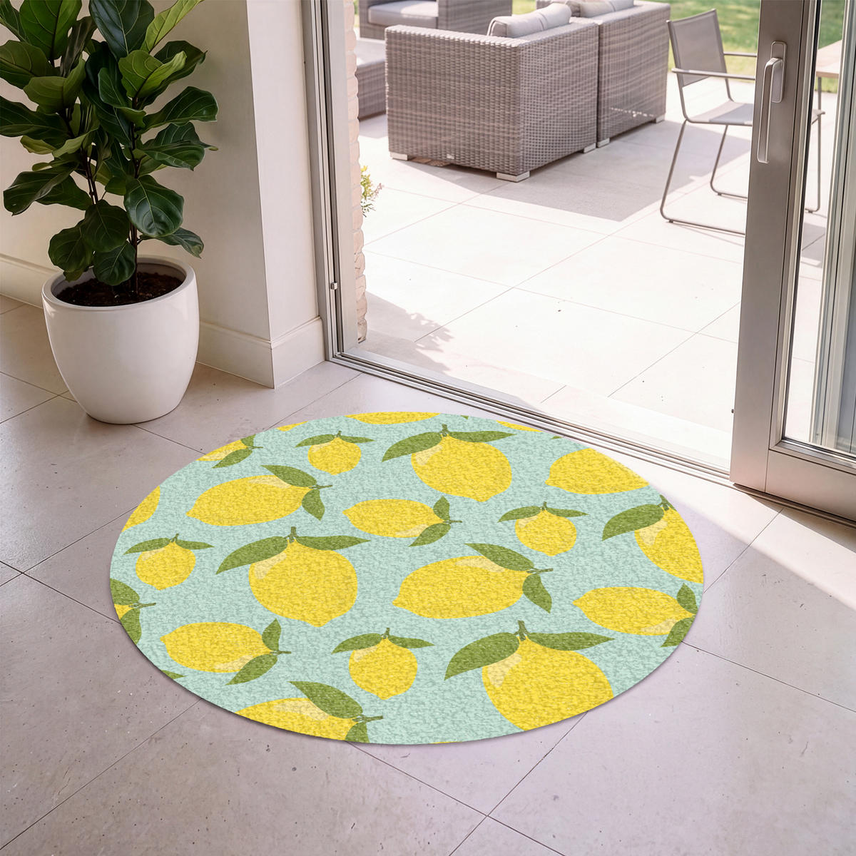 ROHOŽKA Citróny vzor - Žltá - Modrá - Vzor - Ovocie 120x120 cm - žltá, plast (120/120cm) - MuchoWow