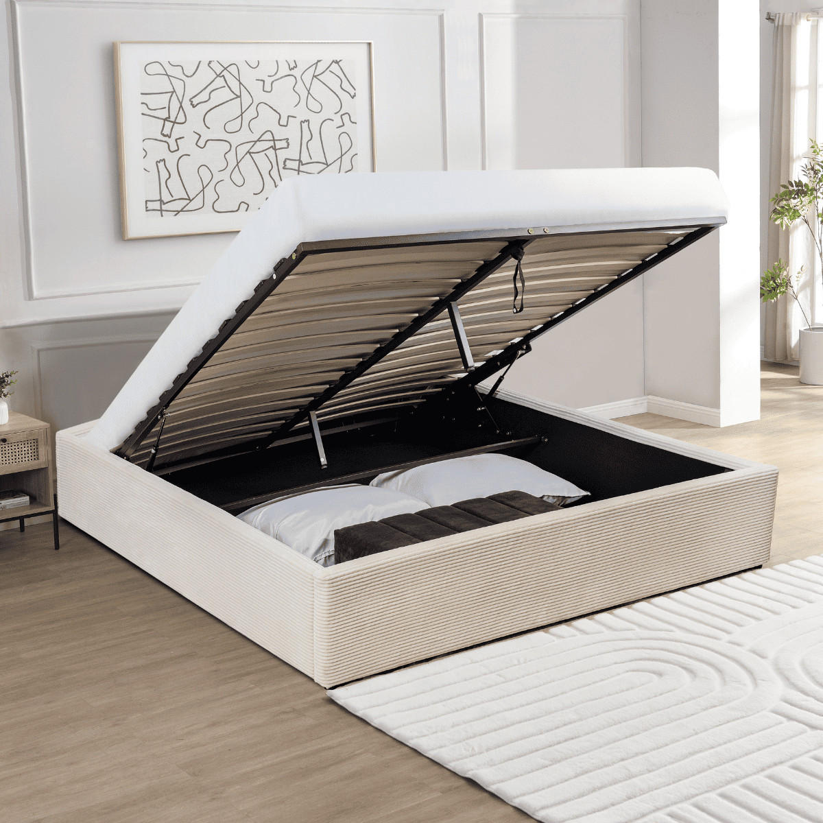 BETTKASTEN bezogen mit beigem samt romy 214/170/36,5 cm - Beige, Holz (200/160cm) - Calicosy