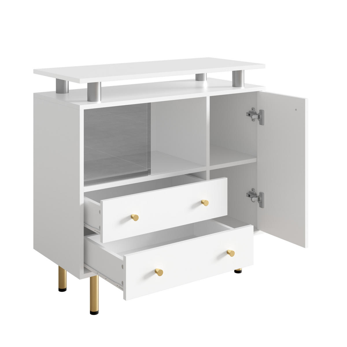 SIDEBOARD mit integrierter LED-Beleuchtung & Glastüren, modern, Weiß, Größe - Goldfarben/Weiß, Glas/Holzwerkstoff (80/80/35cm) - EVRYAE
