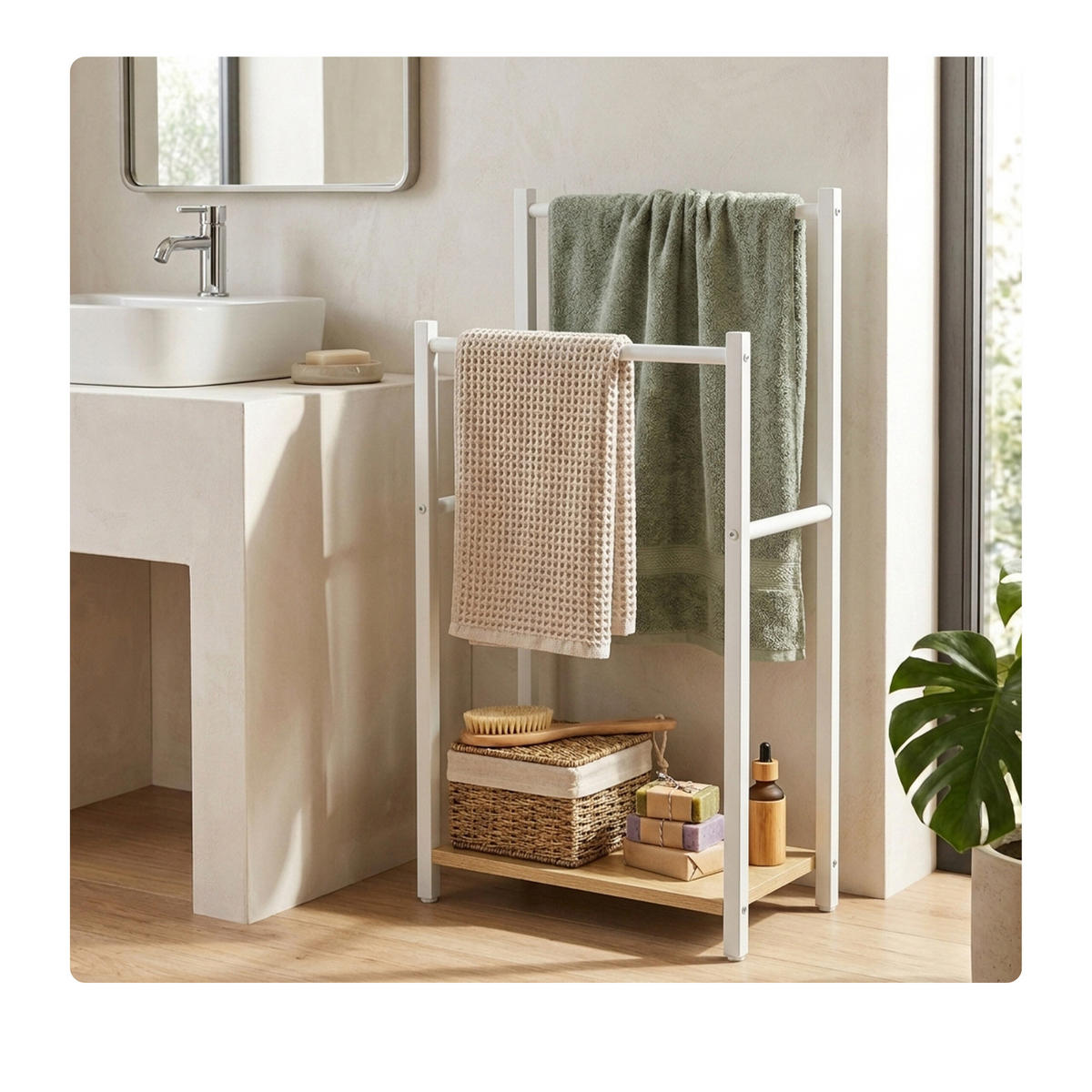 HANDTUCHSTÄNDER Weiß Holzoptik mit Ablage 80x42x24 cm - Weiß, Holzwerkstoff/Metall (42/80/24cm) - Relaxdays