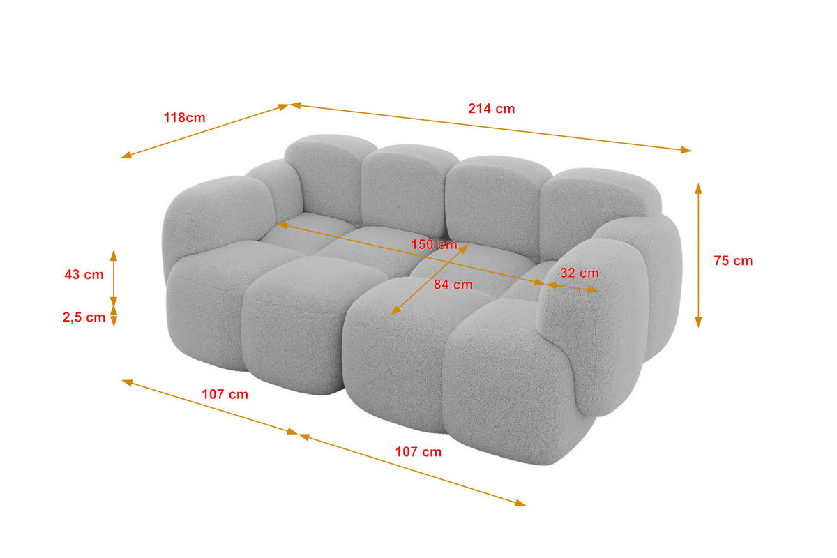 2-SITZER modulares Sofa Miko-S1 214x118x75 cm Hellgrau Bouclé - Edelstahlfarben/Schwarz, Holzwerkstoff/Kunststoff (214/75/118cm) - ALTDECOR