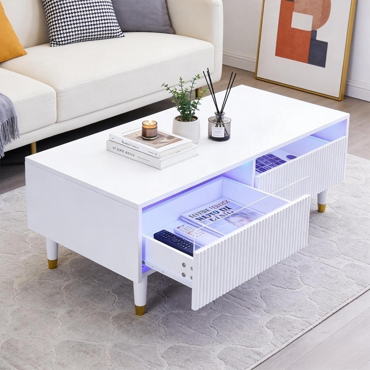 COUCHTISCH mit Schubladen und LED-Beleuchtung, Weiß - Weiß, Holzwerkstoff (110/50/40cm) - Meubles Cosy