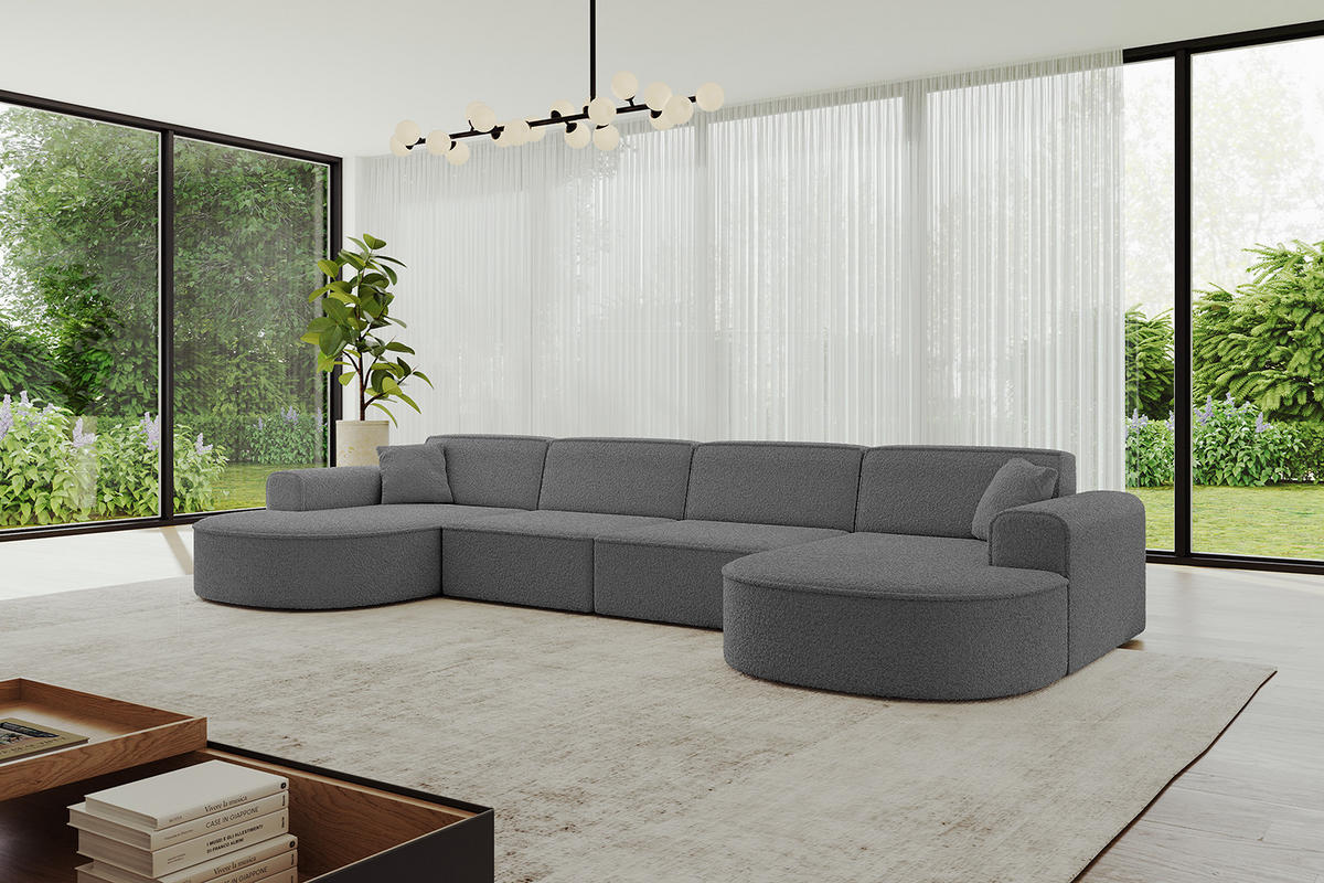 WOHNLANDSCHAFT MARI-U2 - 380x163x73,5 cm Grau Bouclé - Schwarz/Grau, Holzwerkstoff/Kunststoff (380/73.5/163cm) - ALTDECOR