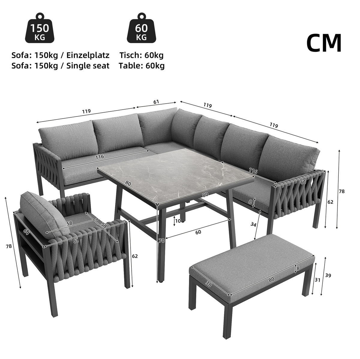 GARTENMÖBELSET 238/61/78 cm grau aus Metall und Polyester mit Kissen und Glastisch - Grau, Metall - OKWISH