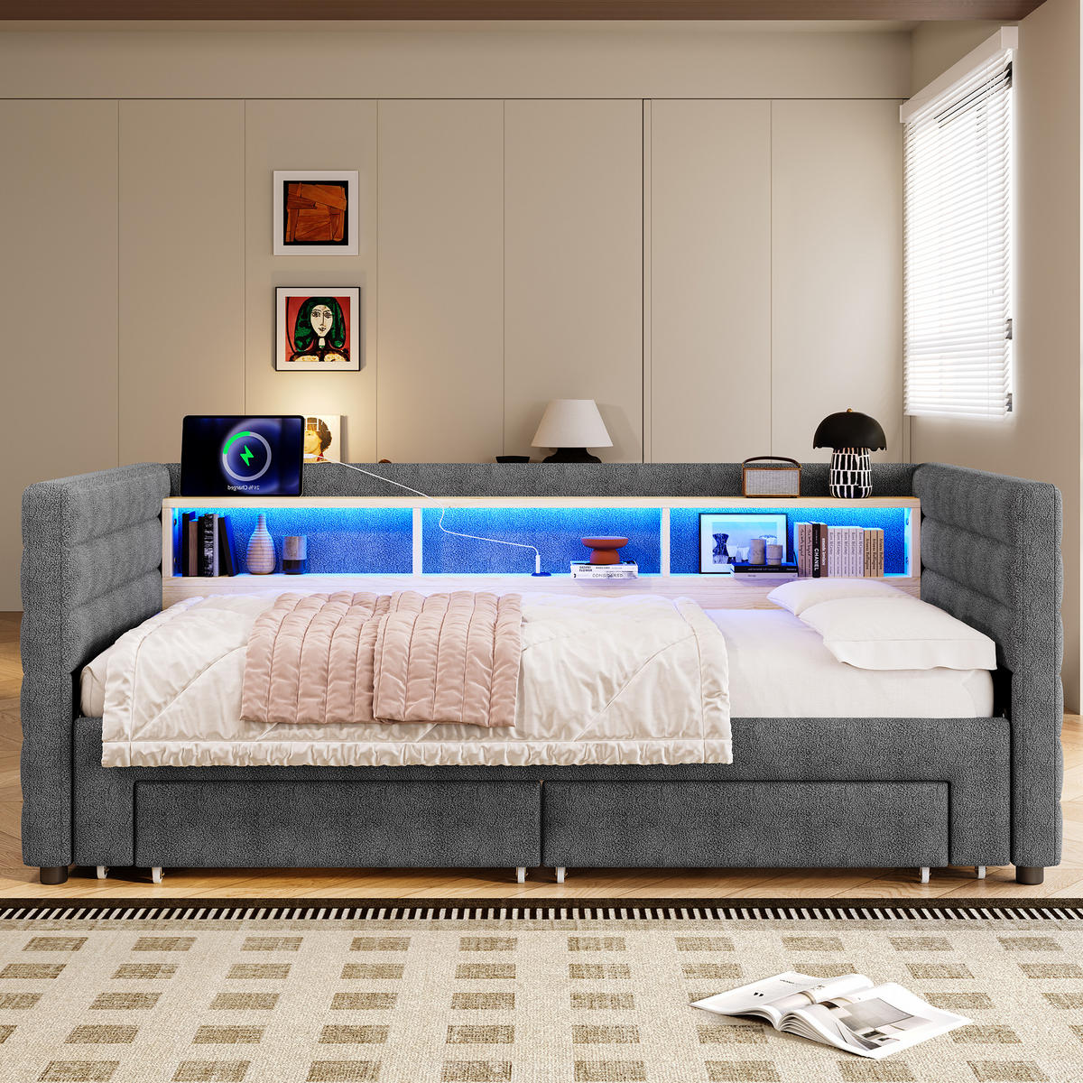 TAGEBETT 90x190cm Grau Samt Ausziehbett 2 Schubladen USB-C LED-Licht - Grau, Holz (90/190cm) - FLIEKS