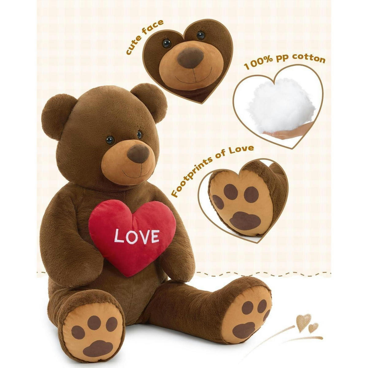 XXXL Kuscheltier Teddybär 130 cm Braun mit Herz - Braun, Textil (60/130cm)