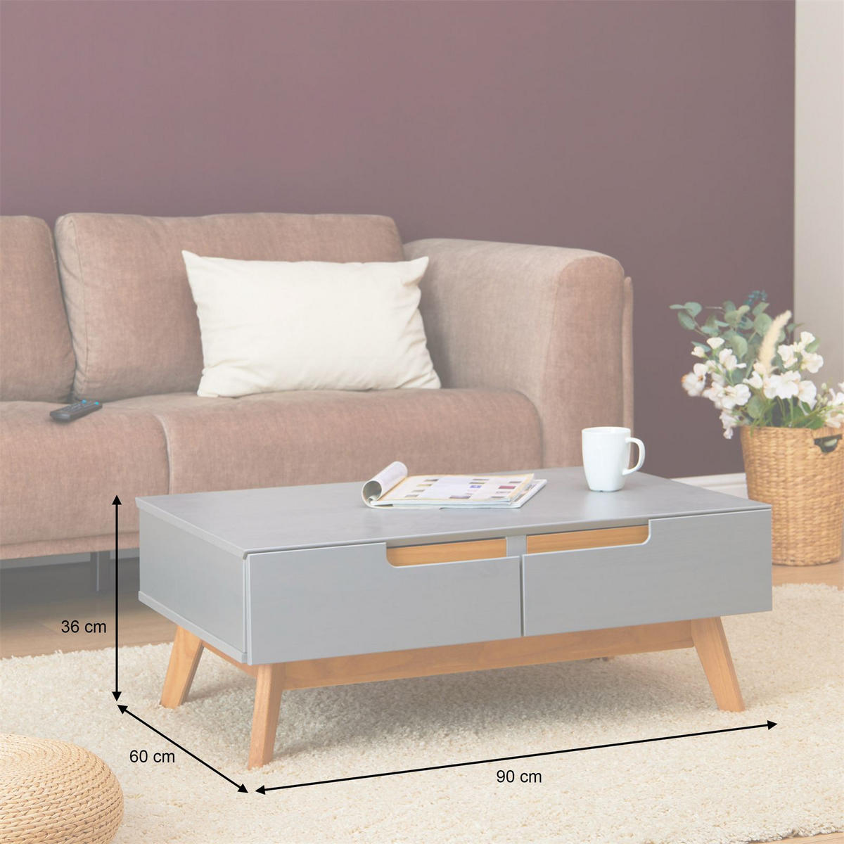 COUCHTISCH TIBOR grau - Grau, Holz (60/90/36cm) - IDIMEX