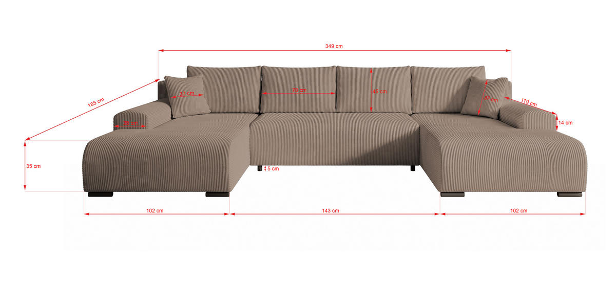 WOHNLANDSCHAFT Nelly U mit Bettkasten und Schlaffunktion, Cordstoff in U-Form - Beige, Textil (349/80/185cm)