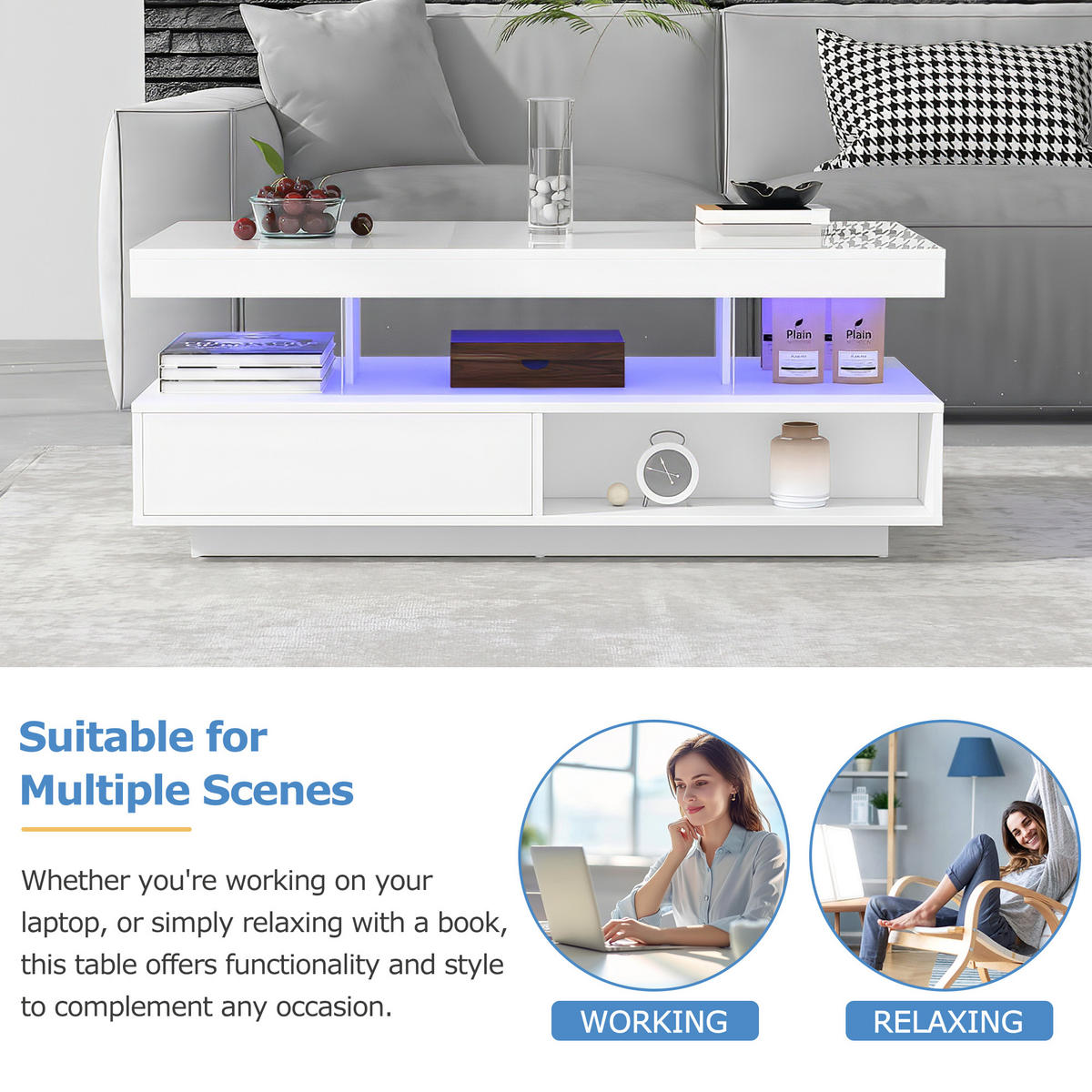 COUCHTISCH Weiß 95/50/42,5 cm mit Glaseinsätzen und LED-Beleuchtung - Weiß, Holzwerkstoff (50/95/42.5cm) - PANGIVO
