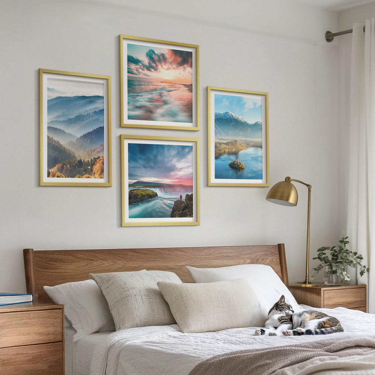 BILDER SET 4er Set - 50x50 cm & 40x60 cm Goldrahmen - Berglandschaften, Wasserfälle - Goldfarben, Kunststoff (50/50cm) - TULUP