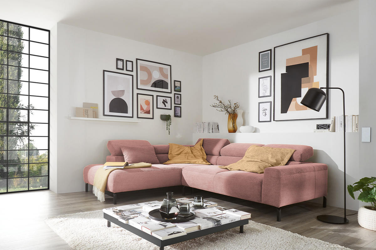ECKSOFA MIT MOTORISCHEM SITZVORZUG DELIA Pink Cord - Pink/Schwarz, Textil/Metall (276/219cm) - KAWOLA