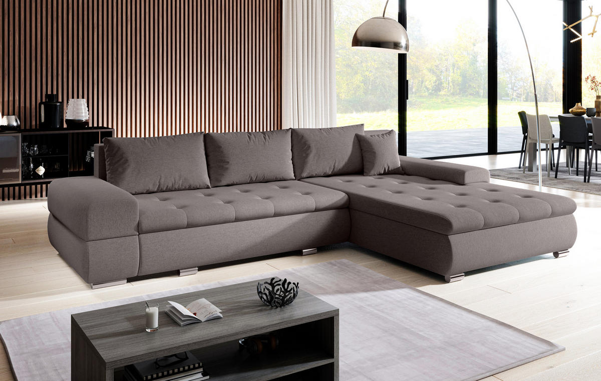 ECKSOFA L Form Sivaso Braun 310/210/85 cm – mit Schlaffunktion und Bettkasten - Hellbraun/Silberfarben, Textil/Metall (310/210cm) - AX Living