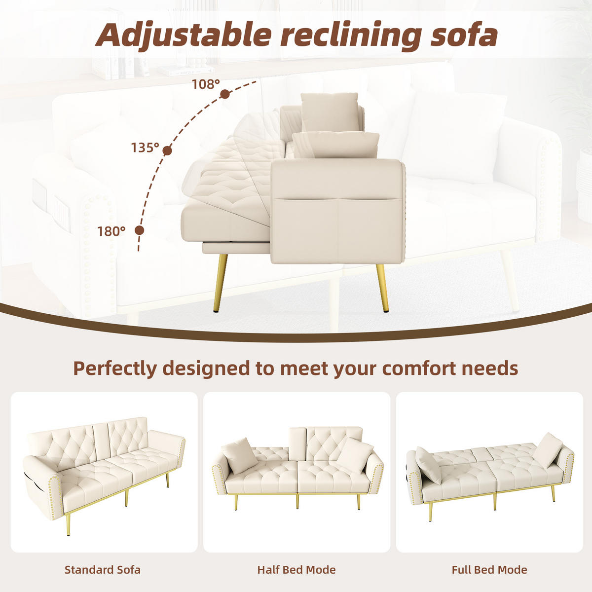 SCHLAFSOFA mit Liegefunktion, 3 Winkeln und Getränkehalter, Beige - Beige, Textil (175/73.5/80cm)