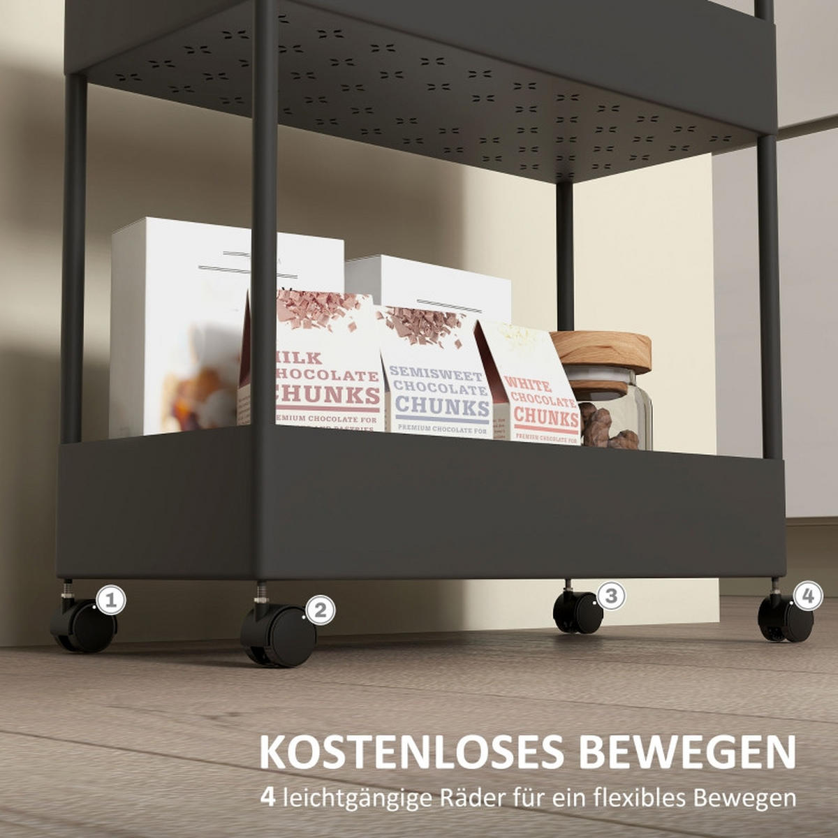 SERVIERWAGEN mit 4 Ebenen und Rollen, Schwarz, 40/19/90 cm - Schwarz, Metall (40/90/19cm) - BEAOK