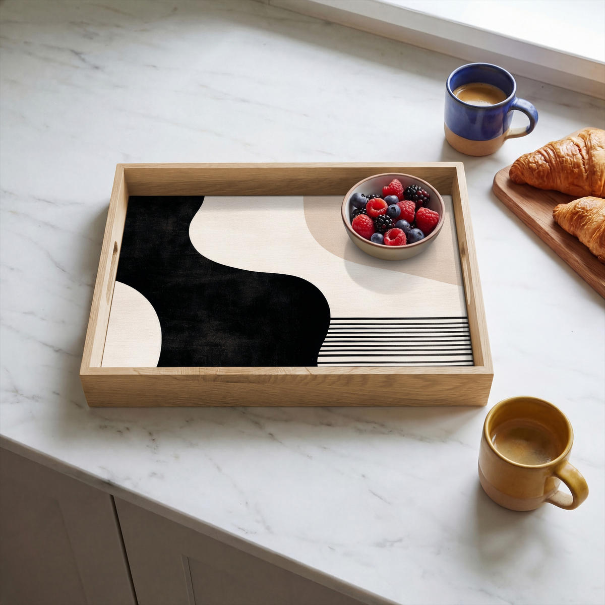 SERVÍROVACÍ PODNOS Abstraktní - Japonské - Béžové - Moderní 40x30 cm - černá, dřevo (40/5/5cm) - OnlyWow
