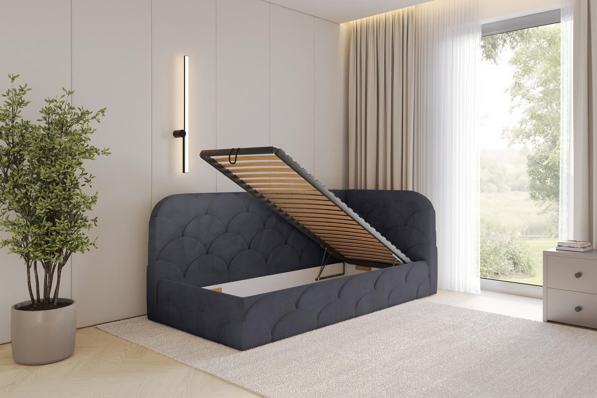 EINZELLBETT Jugendbett mit Bettkasten und Matratze H3/H4, Links - ELRY 90x200 Dunkelgrau - Dunkelgrau, Holzwerkstoff/Textil (90/200cm) - ALTDECOR