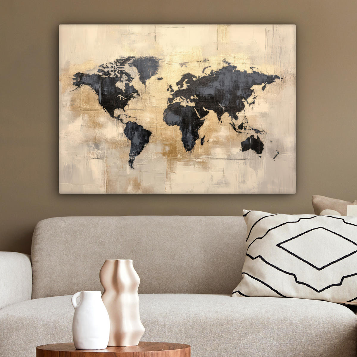 LEINWANDBILD Weltkarte - Gold - Schwarz - Abstrakt Wandbilder 80x60 cm - Kupferfarben, Textil (80/60cm) - MuchoWow